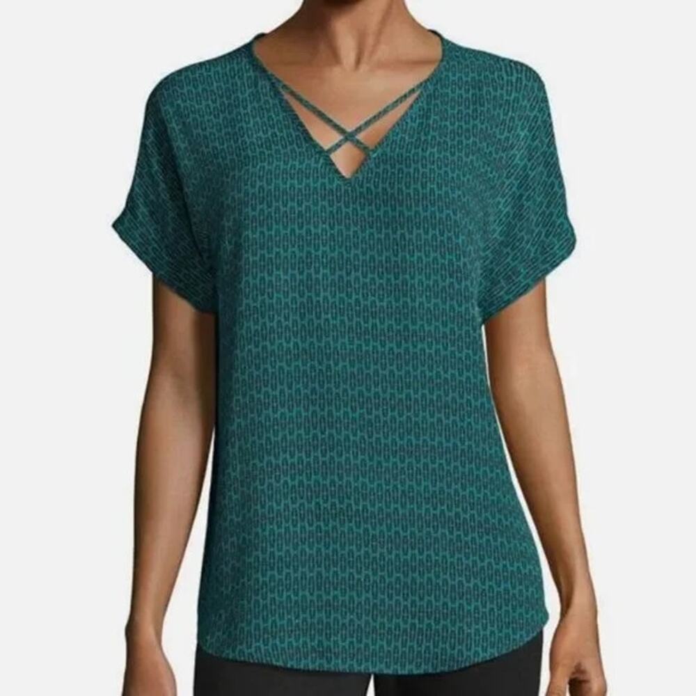 Worthington Teal Black V-Neck Criss Cross Short Rolled Sleeve Blouse Size XL